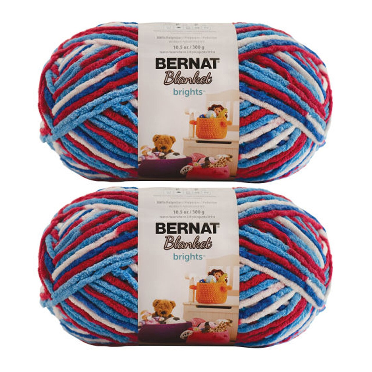 Bernat Blanket Brights Red White & Boom Yarn - 2 Pack of 300g/10.5oz - Polyester - 6 Super Bulky - 220 Yards - Knitting/Crochet